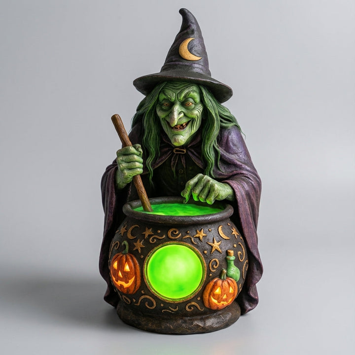 Mystische Hexenkessel-Tischlampe mit leuchtendem Neon-Effekt, perfekt als gruselige Halloween-Dekoration.