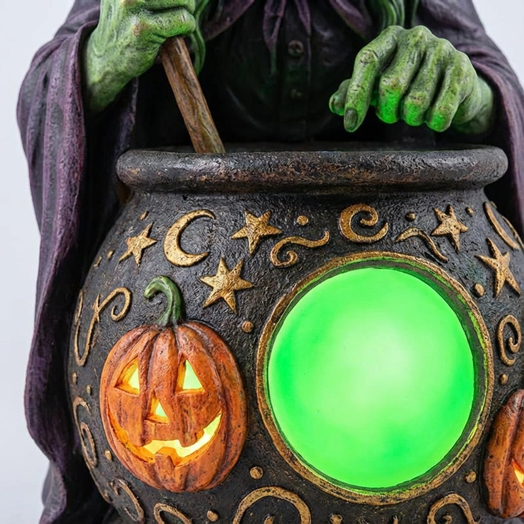 Beleuchtete Hexenkessel-Lampe mit LED-Effekten, schafft eine unheimliche und mystische Atmosphäre.