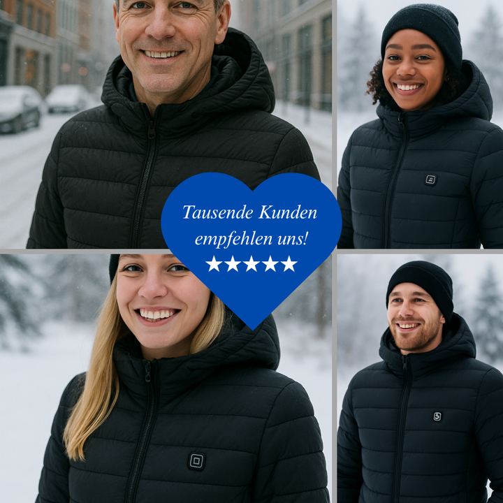 Warme Herren-Outdoorjacke, beheizbar, schützt vor Kälte. Komfortable Winterjacke mit Kapuze.