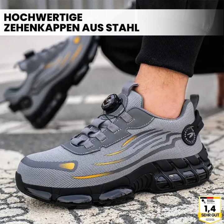 Herren Schutzschuhe mit Stahlkappe im Einsatz in der Werkstatt, rutschfest & robust.