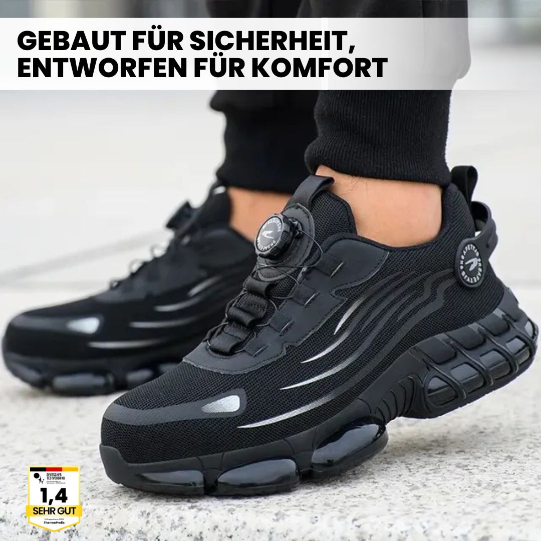 Paar schwarze Herren Arbeitsschuhe mit Stahlkappe von oben, komplett & bereit für den Arbeitseinsatz.