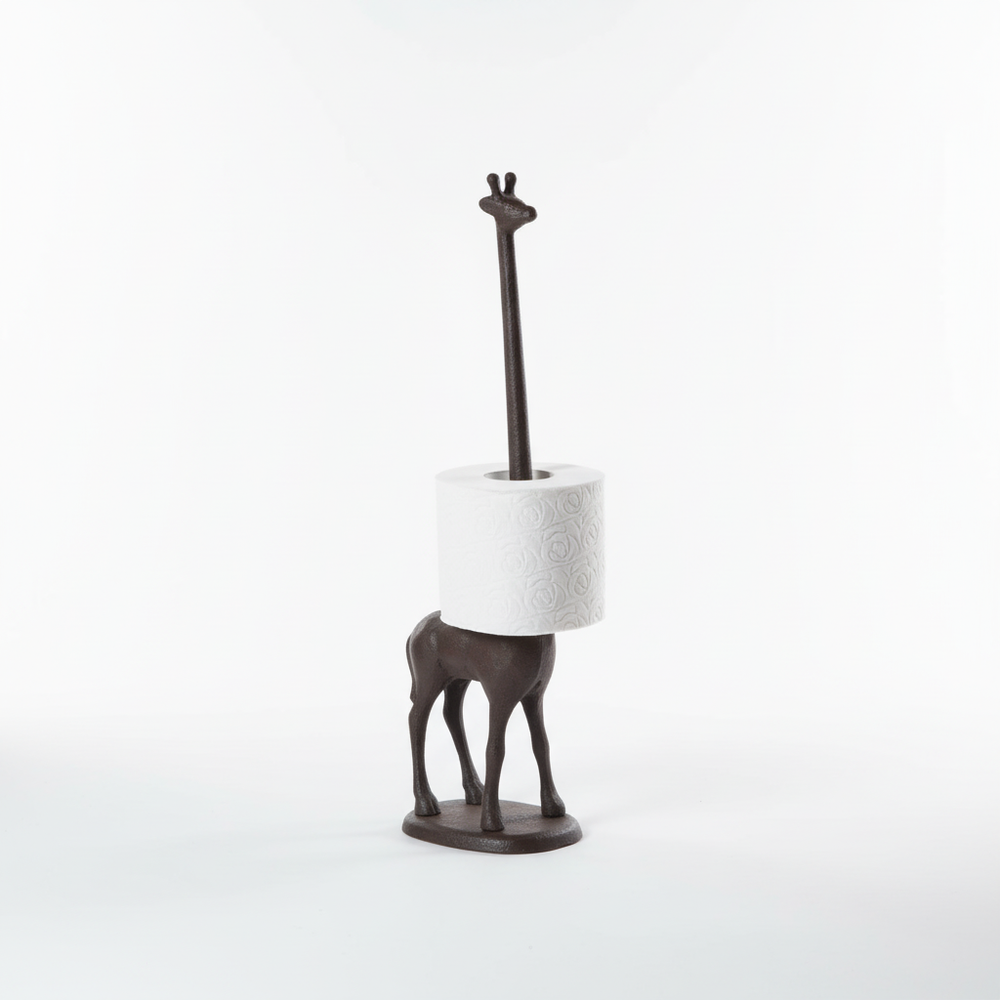 Dekorativer Gusseisen Toilettenpapierständer im charmanten Giraffen-Design; ein einzigartiges Bad-Accessoire.