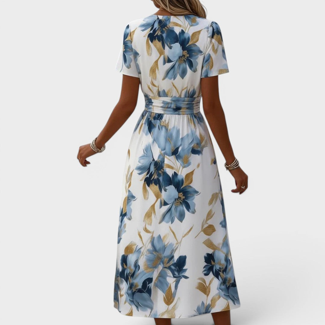 Anmutiges Damen Wickel-Midikleid mit mehrfarbigem Aquarell-Blumenmuster. Elegant & bequem für jeden Anlass.
