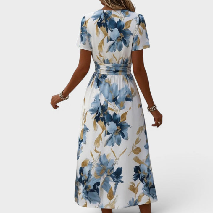 Anmutiges Damen Wickel-Midikleid mit mehrfarbigem Aquarell-Blumenmuster. Elegant & bequem für jeden Anlass.
