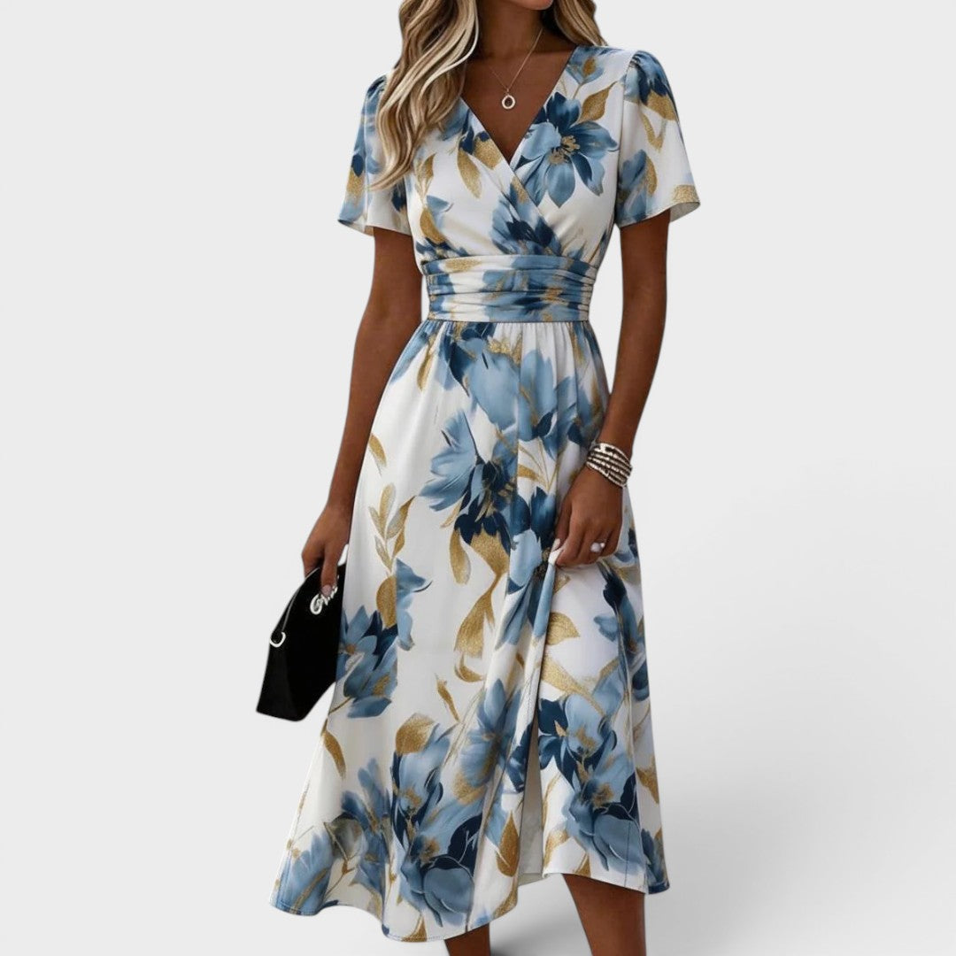 Elegantes Damen A-Linien-Wickelkleid, knielang, mit mehrfarbigem Aquarell-Blumenmuster & kurzen Ärmeln.
