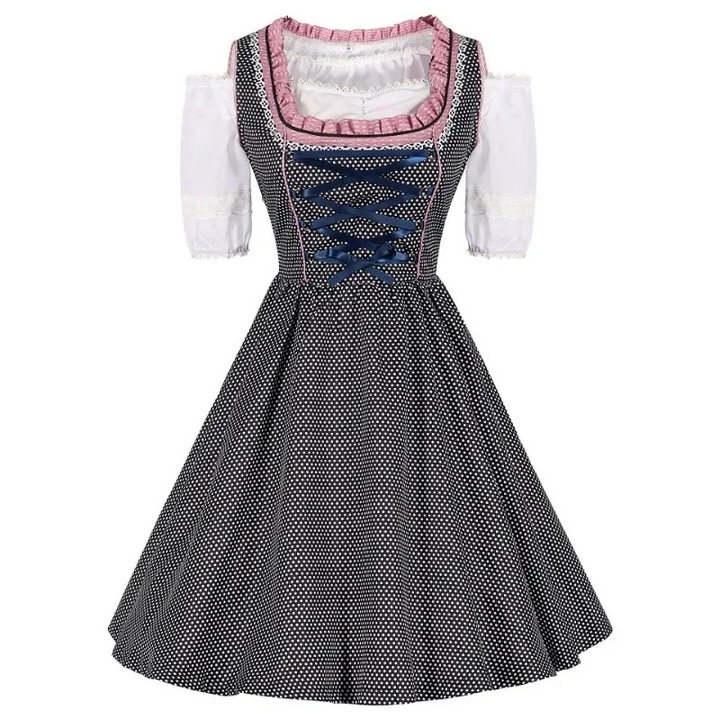 Festliches rosa Dirndl Trachtenkleid für Damen mit besticktem Schnürmieder. Ideal für Oktoberfest & Volksfest.