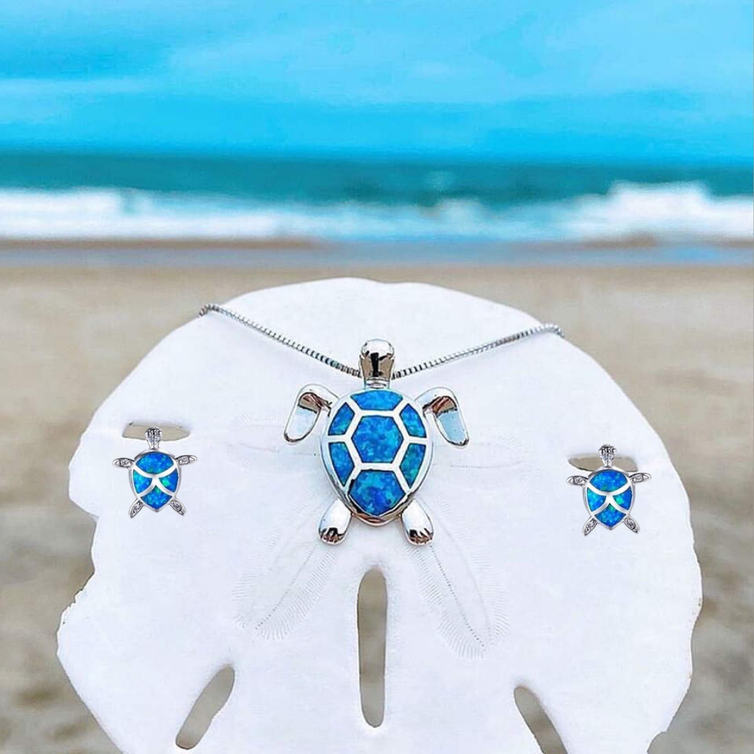 Damen Schildkröten Schmuckset: Halskette & Ohrringe aus Sterlingsilber mit schimmerndem Opal. Meerestiere Design.