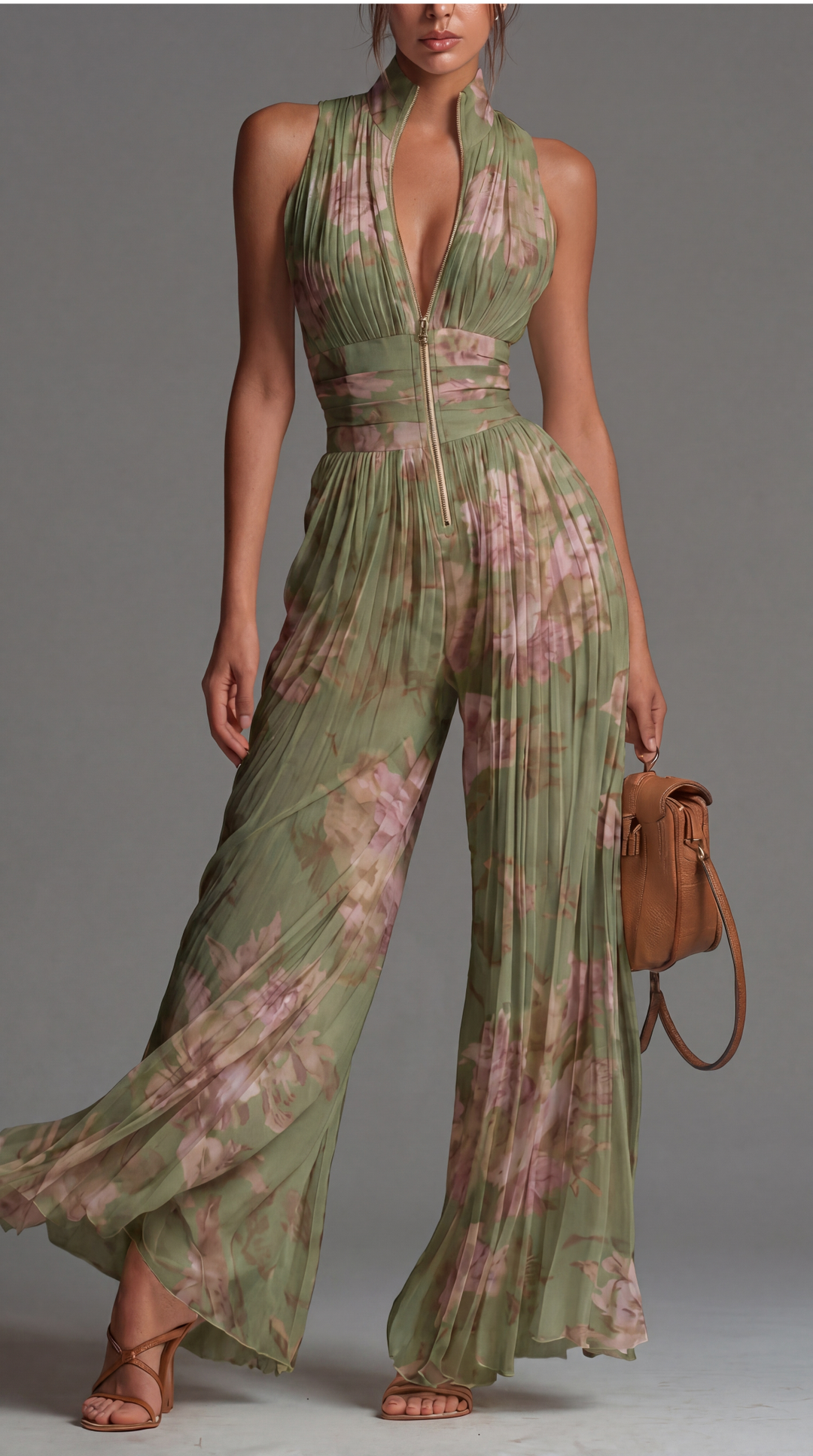 Damen Plissierter Overall in Grün mit lebhaftem Blumenmuster, ärmellos, perfekt für Frühling & Sommer.