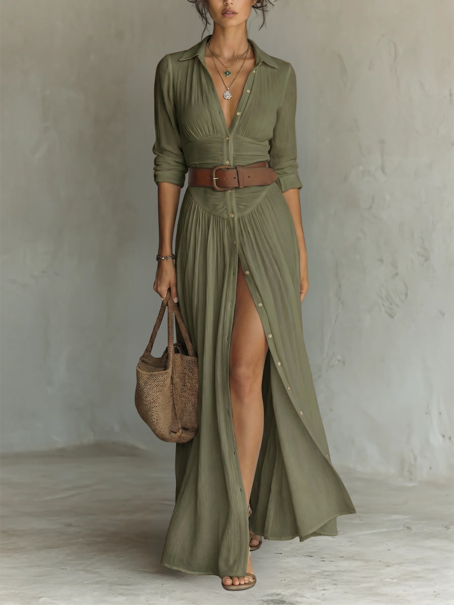 Gesamtaufnahme: Damen Maxikleid mit Reverskragen, langen Ärmeln; elegante Silhouette, fließender Fall.