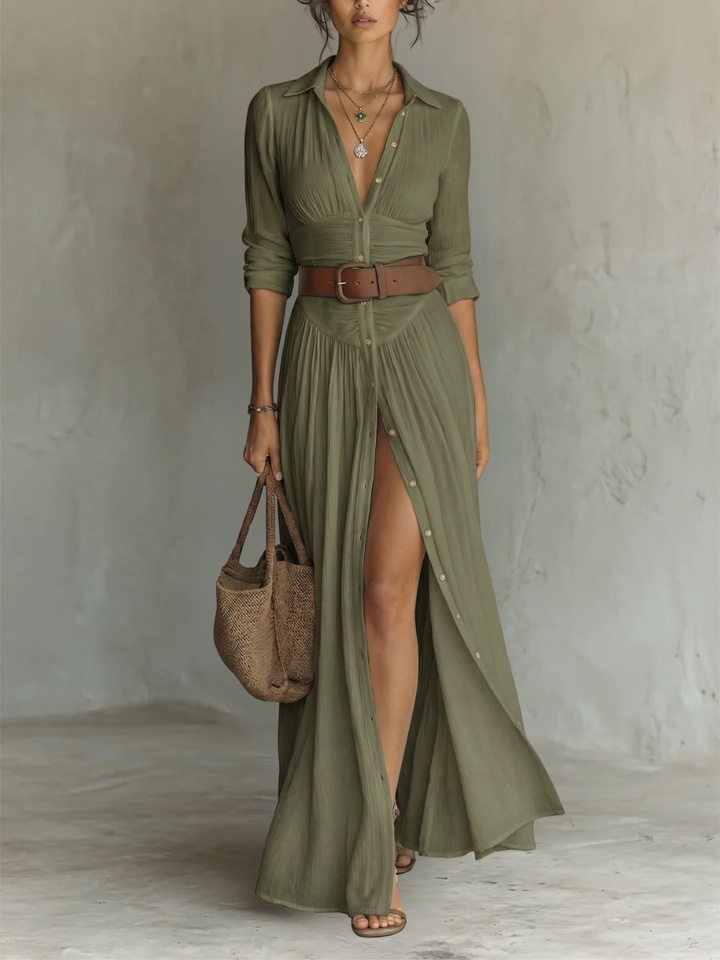 Gesamtaufnahme: Damen Maxikleid mit Reverskragen, langen Ärmeln; elegante Silhouette, fließender Fall.