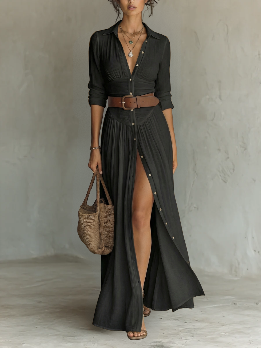 Lässiges und doch stilvolles Damen Maxikleid Langarm mit Reverskragen; vielseitig kombinierbar.