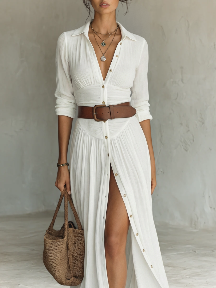 Komfortables Damen Maxikleid mit langen Ärmeln und Reverskragen; elegantes Freizeitkleid für den Sommer.