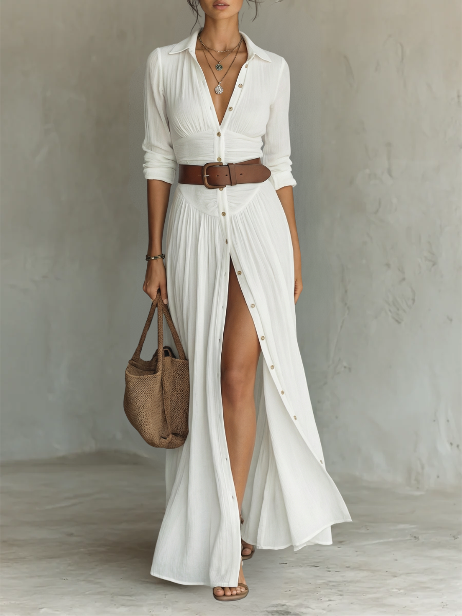 Damen Maxikleid mit Reverskragen, langen Ärmeln; ein stilvolles Langarmkleid für einen entspannten oder festlichen Look.