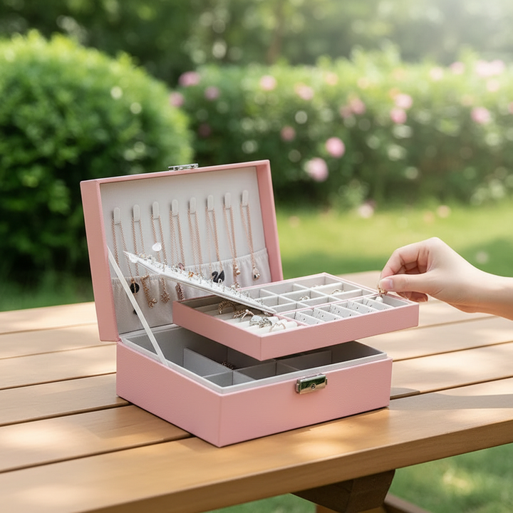 Doppellagige Schmuckaufbewahrung aus elegantem PU-Leder für Damen, ideal zur Schmuckorganisation.
