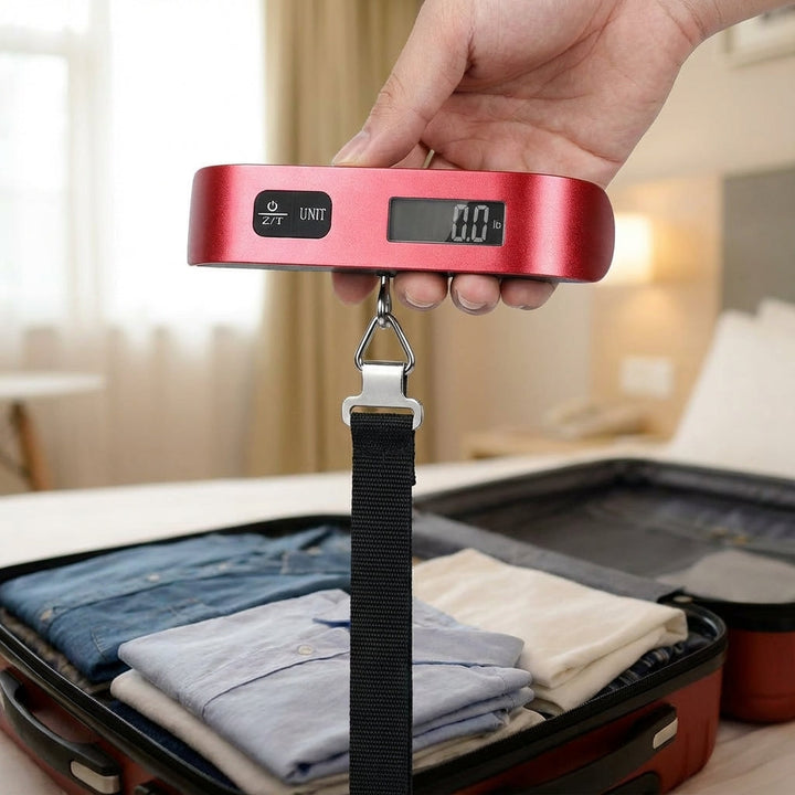 Tragbare digitale Kofferwaage TravelWeigh zum präzisen Wiegen von Gepäck vor dem Flug, vermeidet Übergepäck.