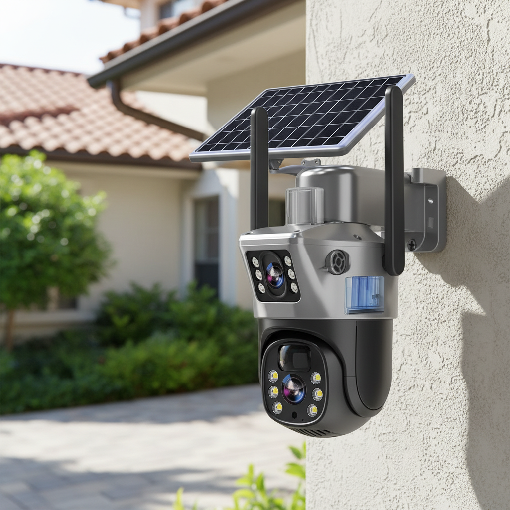 4K Drahtlose SunGuardX Überwachungskamera mit Solarpanel für Aussenbereich, KI-Erkennung & WLAN.