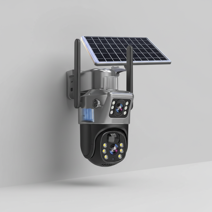 Solarbetriebene 4K Sicherheitskamera SunGuardX für Grundstücksschutz, drahtlos mit Bewegungsmelder.