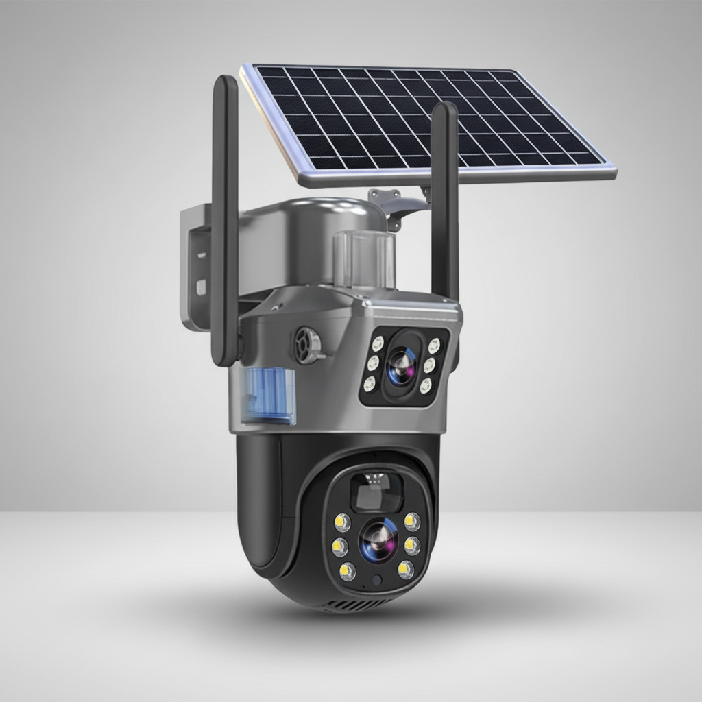 Effiziente 4K Solar-Überwachungskamera SunGuardX mit Bewegungsmelder für umfassenden Grundstücksschutz.