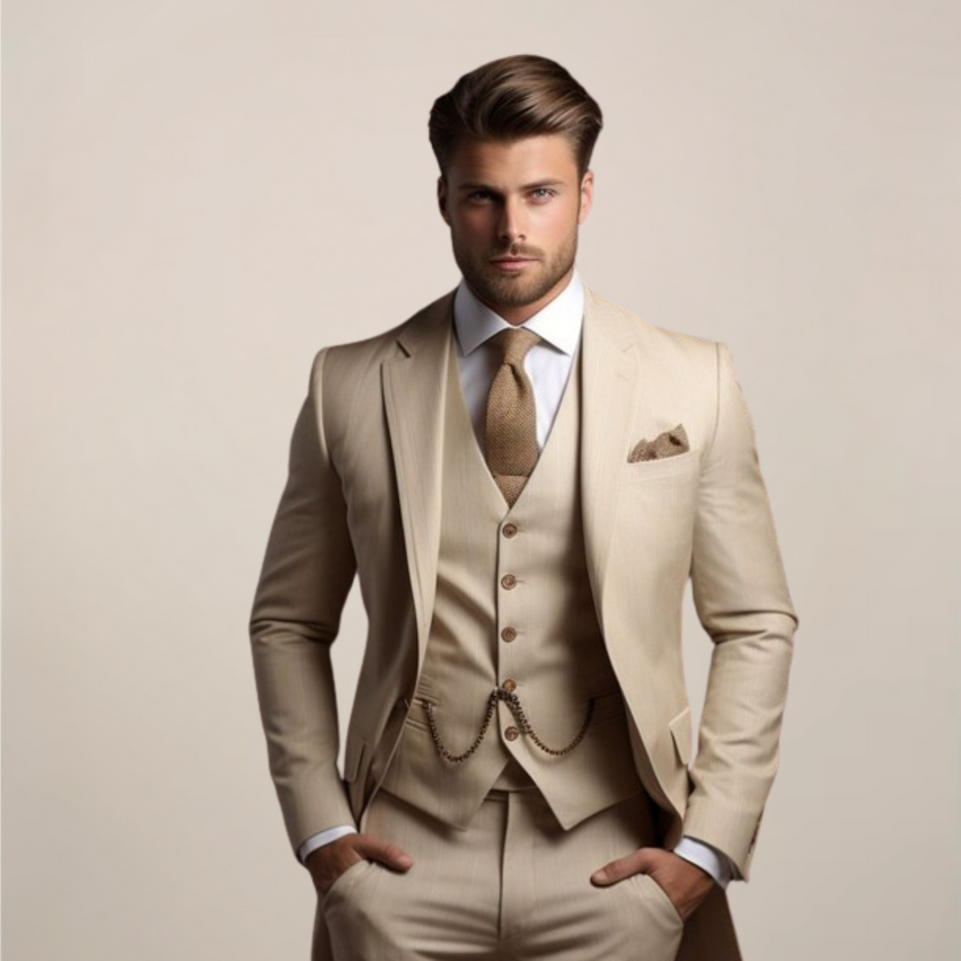 Eleganter Slim Fit Herrenanzug Yannick, perfekt für formelle Business-Meetings & Bürostil.