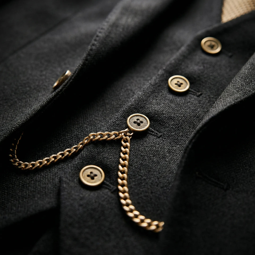 Stilvolle Slim Fit Weste des Dreiteiligen Herren Anzugs Yannick. Ergänzt Ihren Look perfekt für jede Feier.