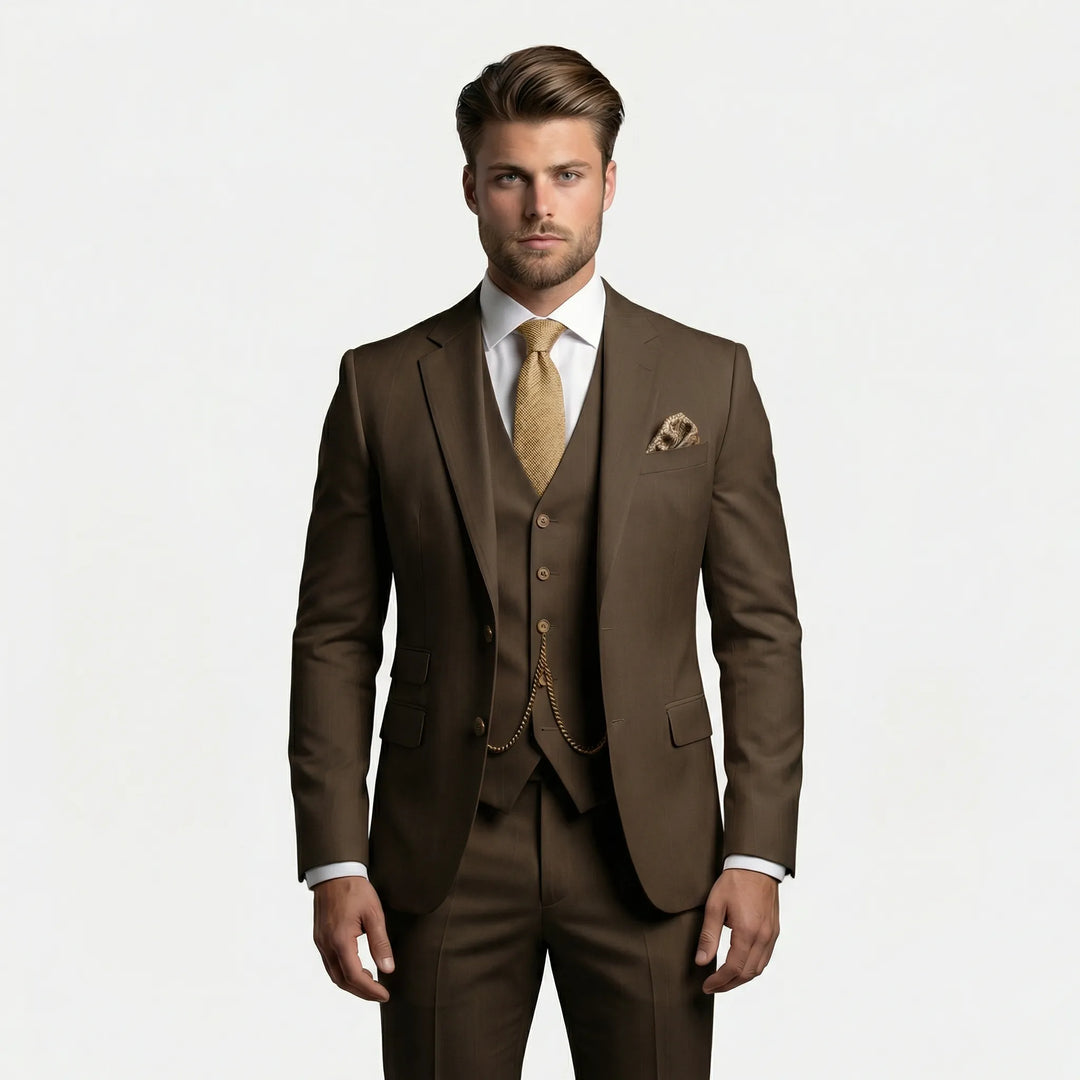 Detailansicht des Stoffes vom Herren Dreiteiligen Slim Fit Anzug Yannick. Hochwertige Qualität & Komfort für jeden Anlass.