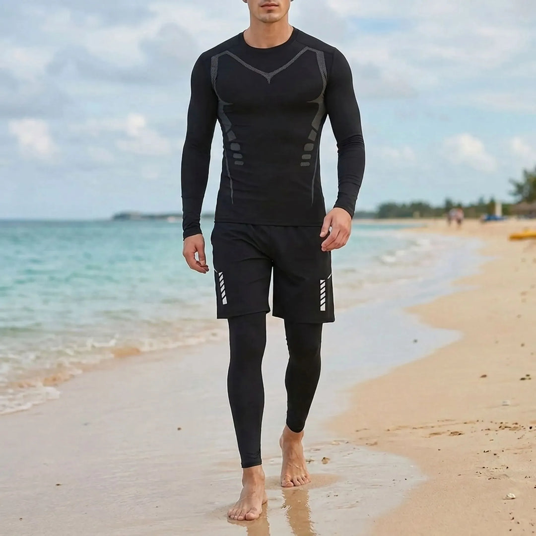 Herren dreiteiliges Sport Schwimm-Set: Badeshorts, Shirt & Hose für Strand, Wassersport, UV-Schutz.