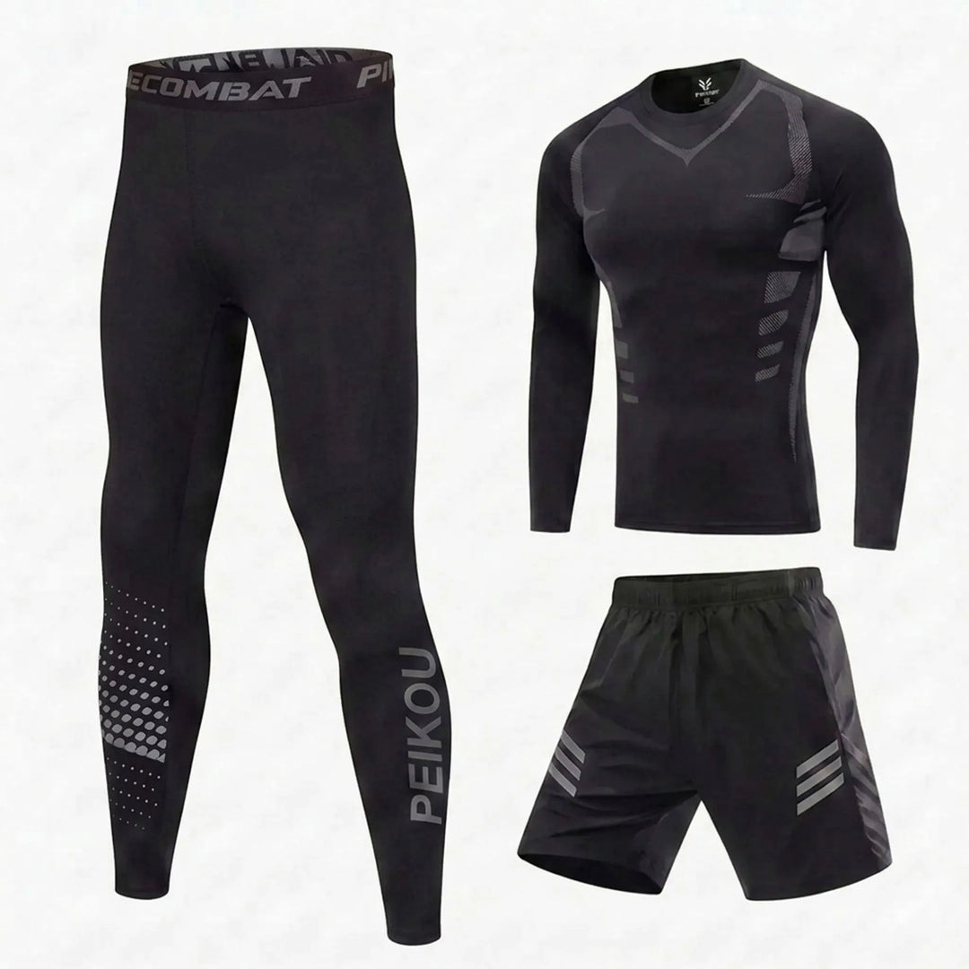 Flexibles Herren Sport-Set, dreiteilig: Badeshorts, kurzärmeliges Shirt & lange Hose für Wasser & Land.