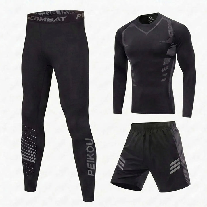 Flexibles Herren Sport-Set, dreiteilig: Badeshorts, kurzärmeliges Shirt & lange Hose für Wasser & Land.