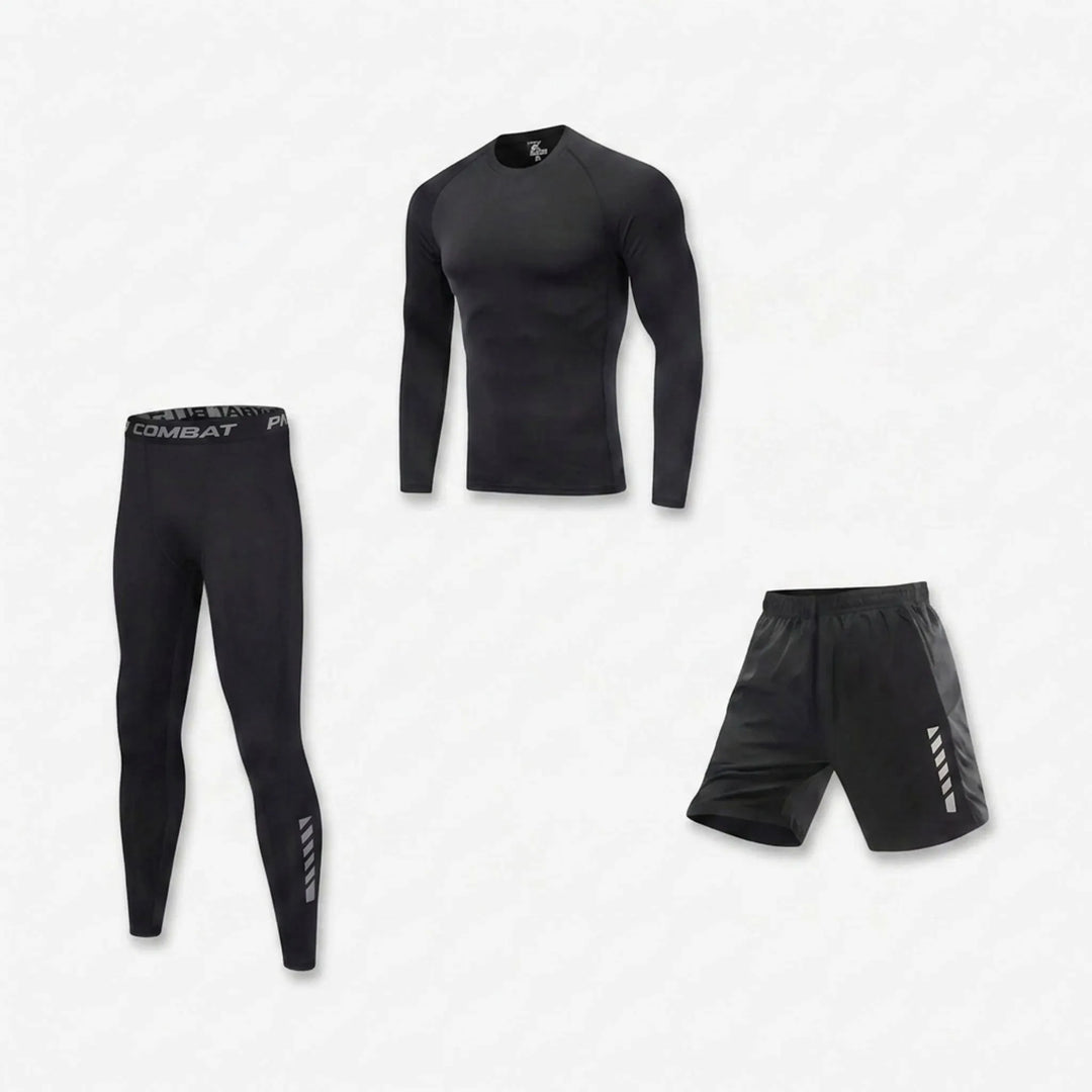 Herren Sport Schwimm-Set dreiteilig: atmungsaktiv, UV-Schutz, Badeshorts, T-Shirt, Jogginghose.