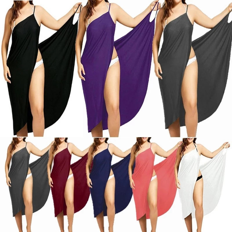 Damen Maxi-Strandkleid Soleil, luftig & vielseitig, perfekt für Sommer und Pool. Ärmelloses Wickelkleid.