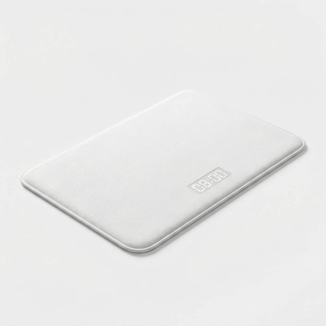 Moderne smarte Weckermatte mit integriertem Drucksensor als stilvolles Wohnaccessoire im Schlafzimmer.