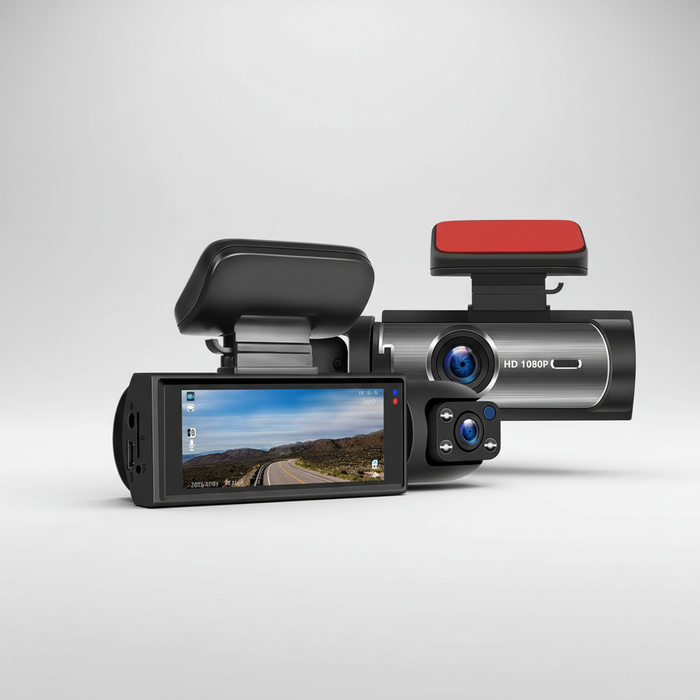 DriveGuardo Dual-Lens Dashcam mit Display für 4K KFZ-Sicherheit, Parküberwachung und umfassenden Unfallschutz.