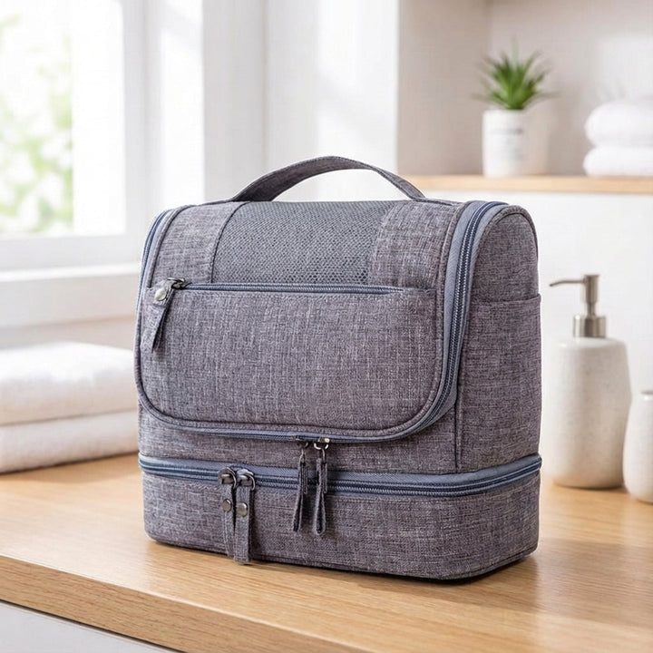 Unisex Kulturtasche mit Doppelfach für Reisen, wasserabweisend, ideal für Kosmetik und Organisation.