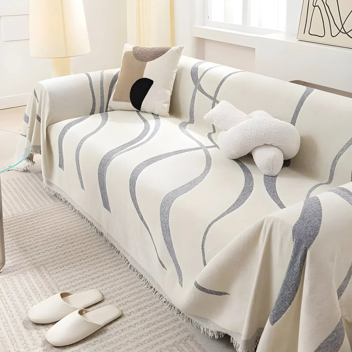 Wendbarer Chenille-Baumwoll-Sofabezug in Grau/Khaki, schützt das Sofa stilvoll im Wohnzimmer.
