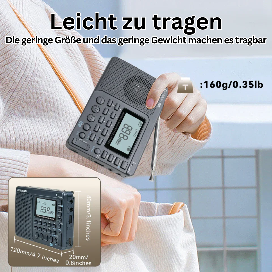 Kompaktes Multiband-Radio als tolles Geschenk für Outdoor-Fans. Tragbar, akkubetrieben für FM/AM/SW Hörgenuss.
