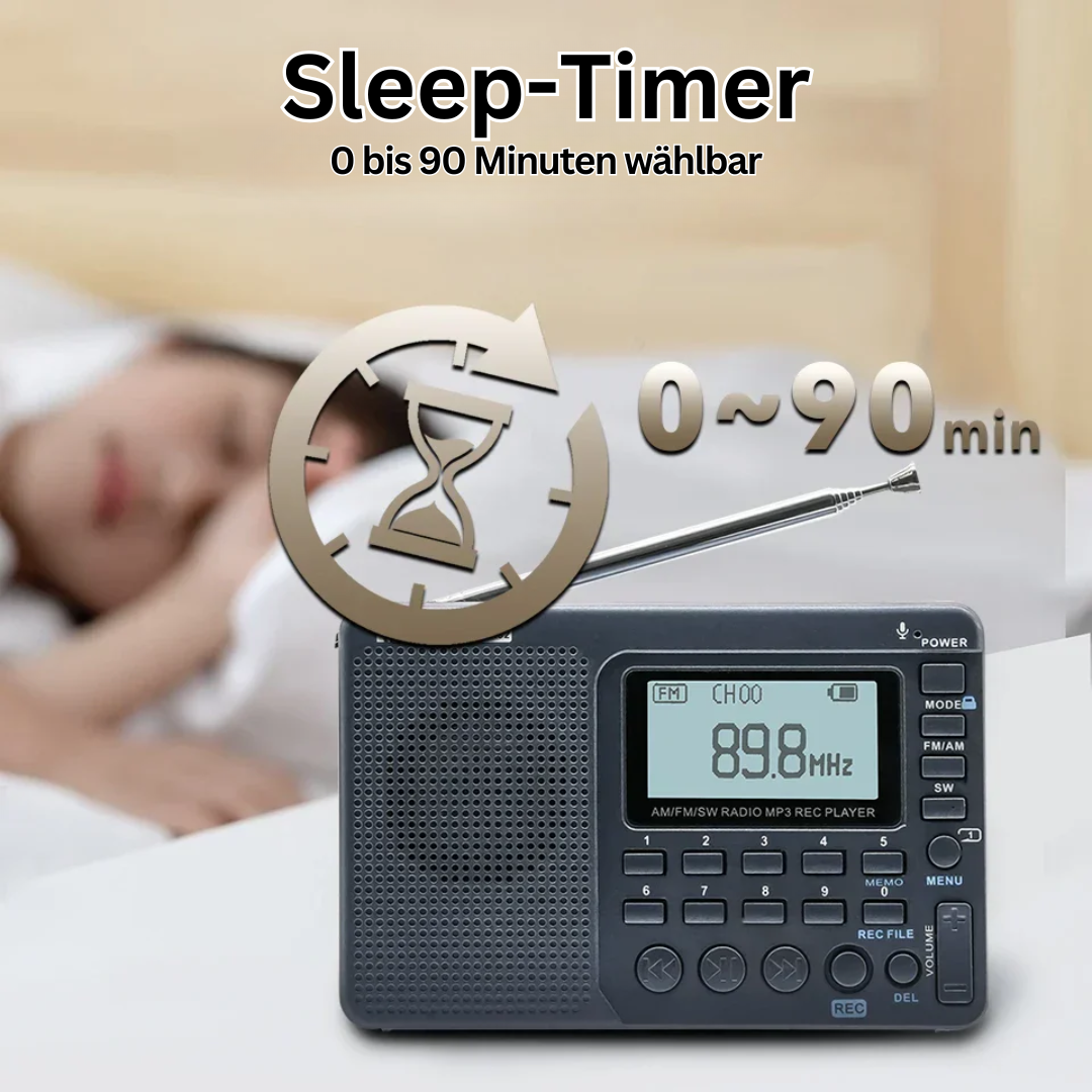 Rückansicht des Multiband-Radios mit ausziehbarer Antenne. Kompaktes Design für FM, AM, SW, ideal auf Reisen.