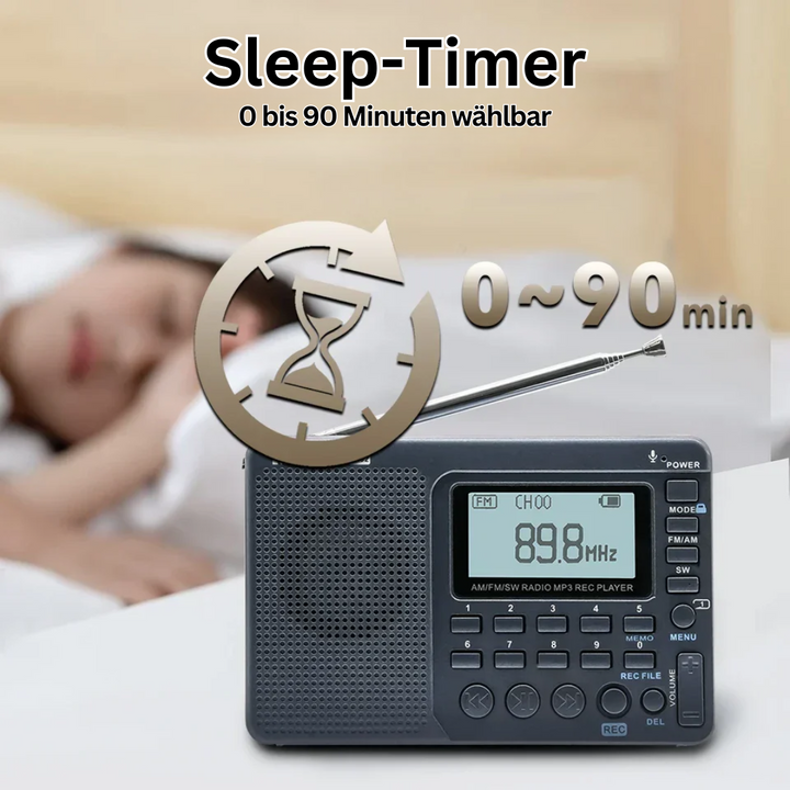 Rückansicht des Multiband-Radios mit ausziehbarer Antenne. Kompaktes Design für FM, AM, SW, ideal auf Reisen.