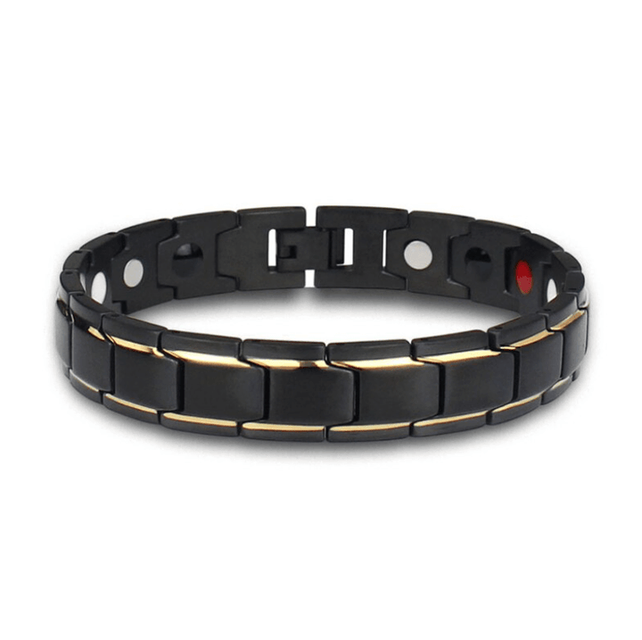Hochwertiges Edelstahl Energiearmband für Männer mit Magneten, Schwarz-Gold Design.