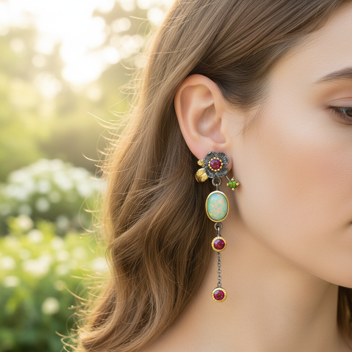 Damen Boho-Ohrringe mit schillerndem Opal-Edelstein, elegant und zeitlos.