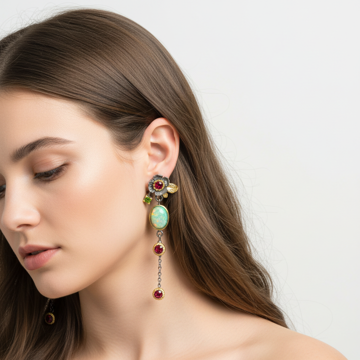 Vergoldete Damen-Ohrringe mit leuchtendem Opal und Zirkonia, ideales Schmuck-Geschenk.