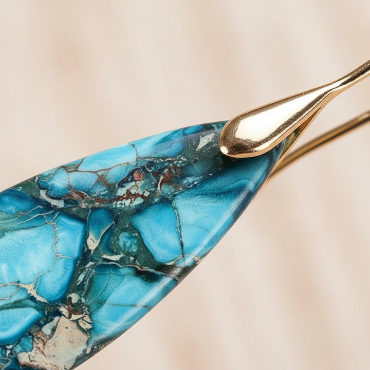 Frau trägt goldene Kaiserjaspis Tropfenohrringe. Eleganter boho Damenschmuck mit spiritueller Ausstrahlung.