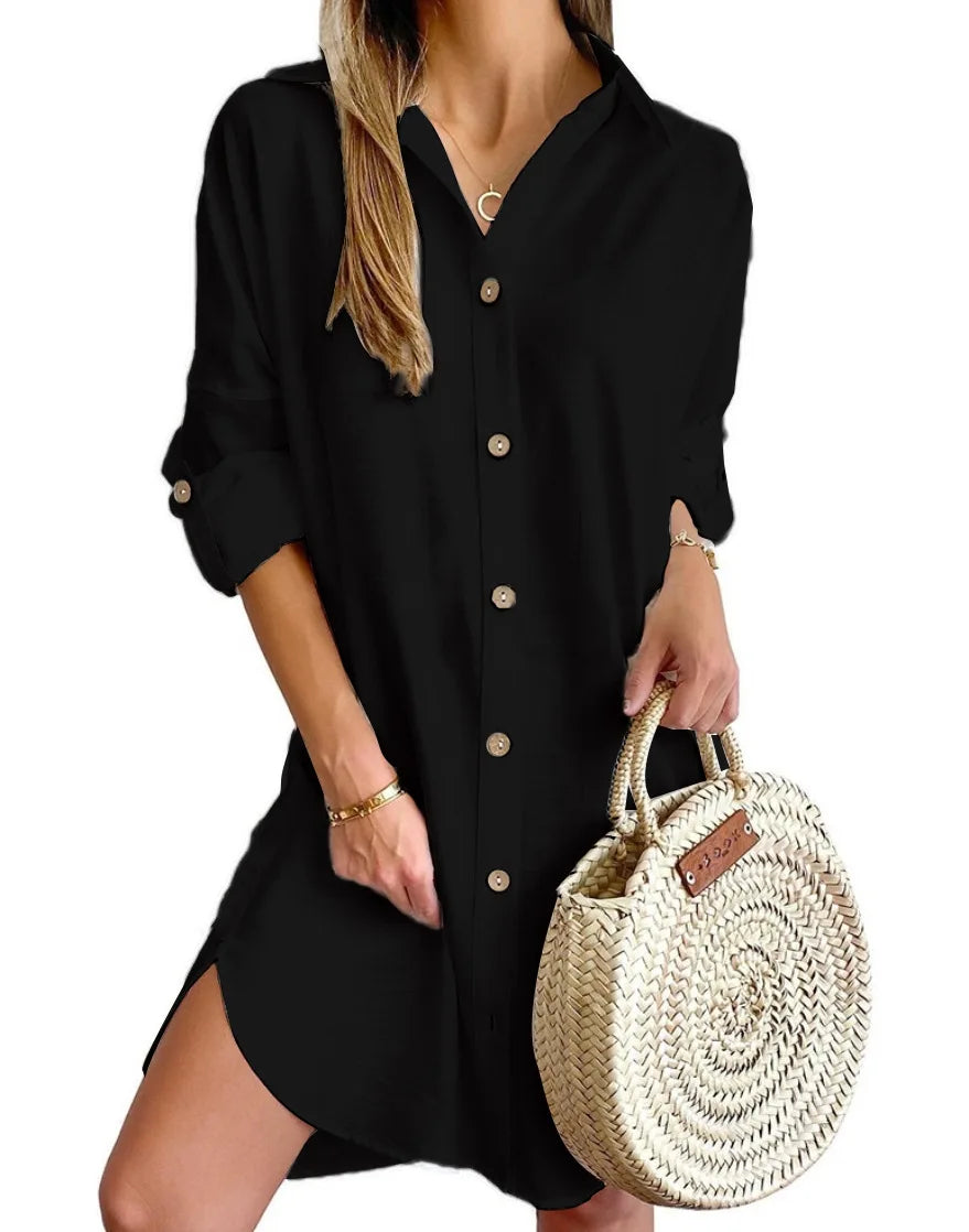 Elegantes Damen Hemdkleid mit Reverskragen, Knopfleiste und Langarm für Frühjahr & Herbst.