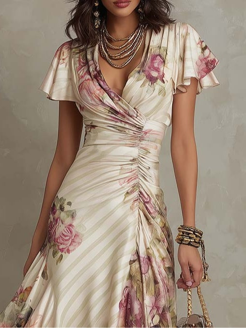 Damen Midikleid mit elegantem floralem Print in Elfenbein, Vintage-Design, ideal für Sommerpartys und festliche Anlässe.