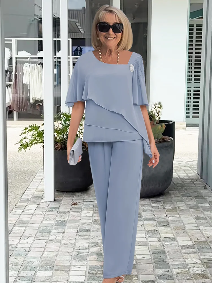 Stylisches, elegantes blaues Damen Set (Hose & Oberteil) für Hochzeitsgäste, Abendmode oder Business Outfits.