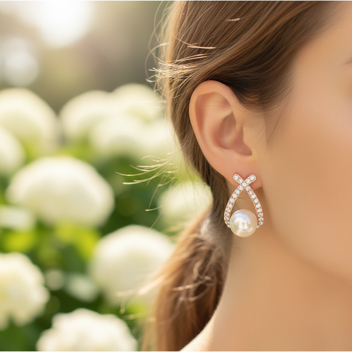 Damen Elegante Perlenohrringe GlamourPearl. Zeitloser Schmuck für besondere Anlässe, mit glänzenden Perlen.