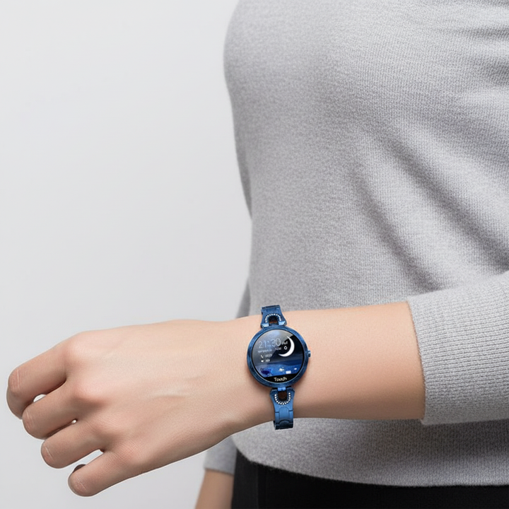HydroGlow Smartwatch für Damen: Herzfrequenz-, Blutdruck-, Zyklus-Tracking, Schrittzähler und Schlafmonitor.