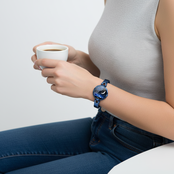 Detailansicht des klaren Displays der HydroGlow Smartwatch für Damen mit aktuellem Herzfrequenz-Tracking.