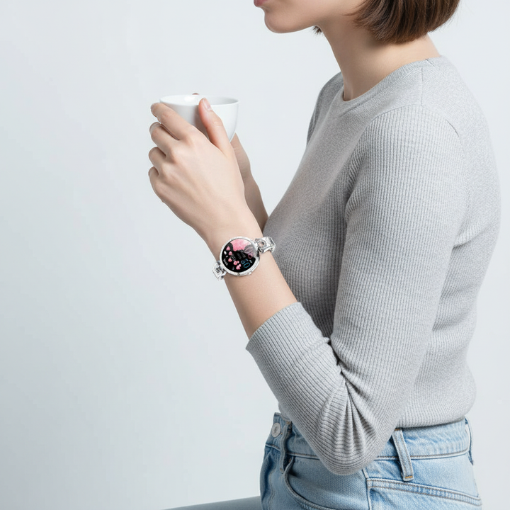 Vielseitige HydroGlow Damen Fitness-Smartwatch am Handgelenk, ideal für Sport, Alltag und Gesundheitsüberwachung.