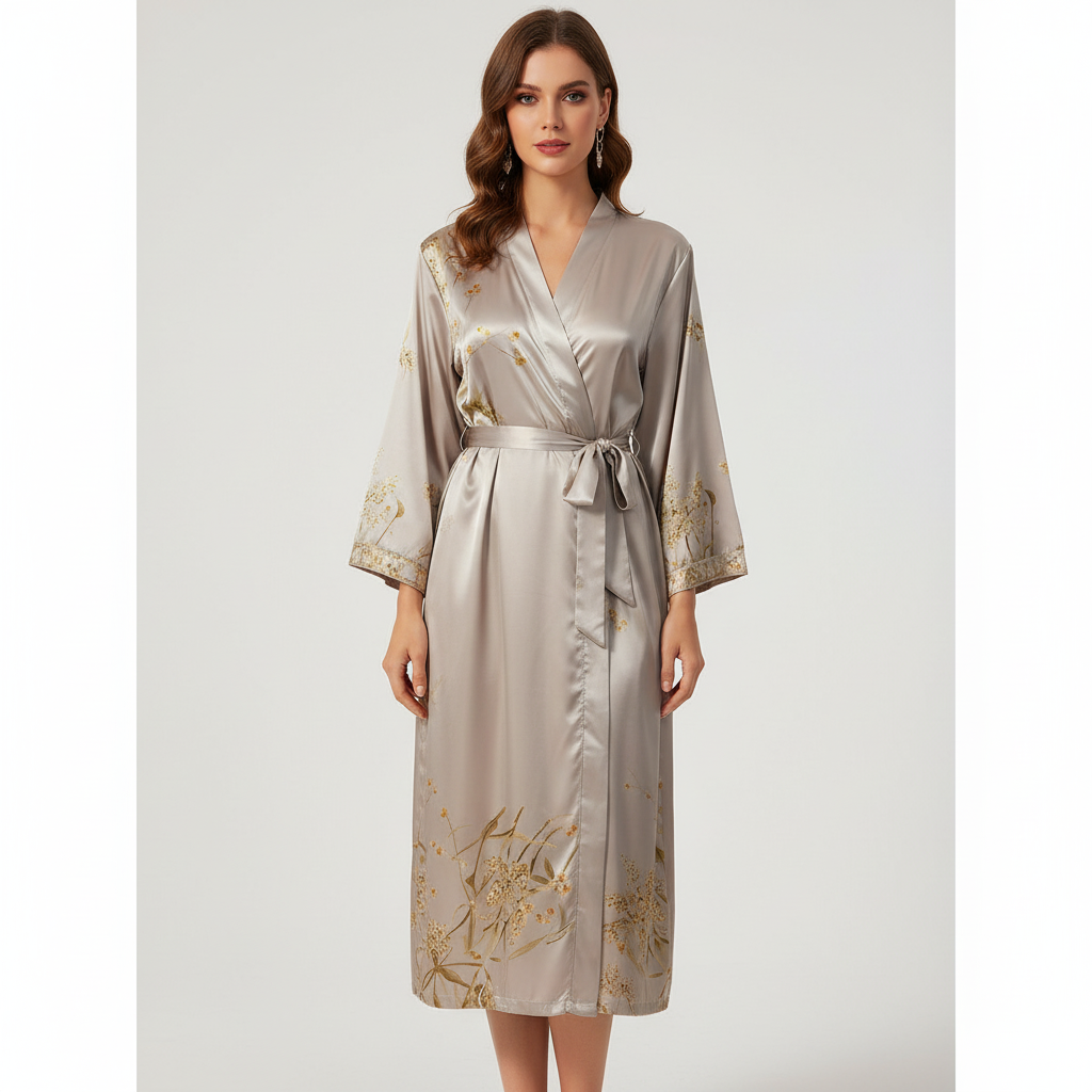 Glänzender Lara Satin Damen Bademantel mit detailreichem, stilvollem Druckmuster. Perfekt für elegante Loungewear.