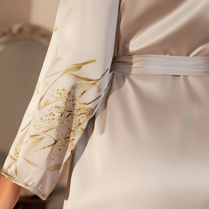 Frau entspannt in komfortablem Lara Satin Morgenmantel mit modischem Druckdesign. Ideal als luxuriöses Hauskleid.